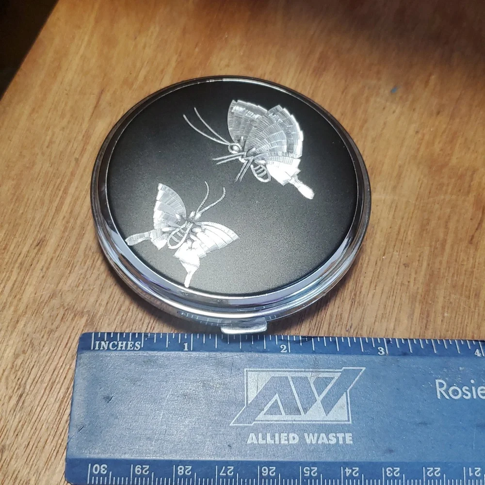 Black Compact Mirror with Silver Butterflies